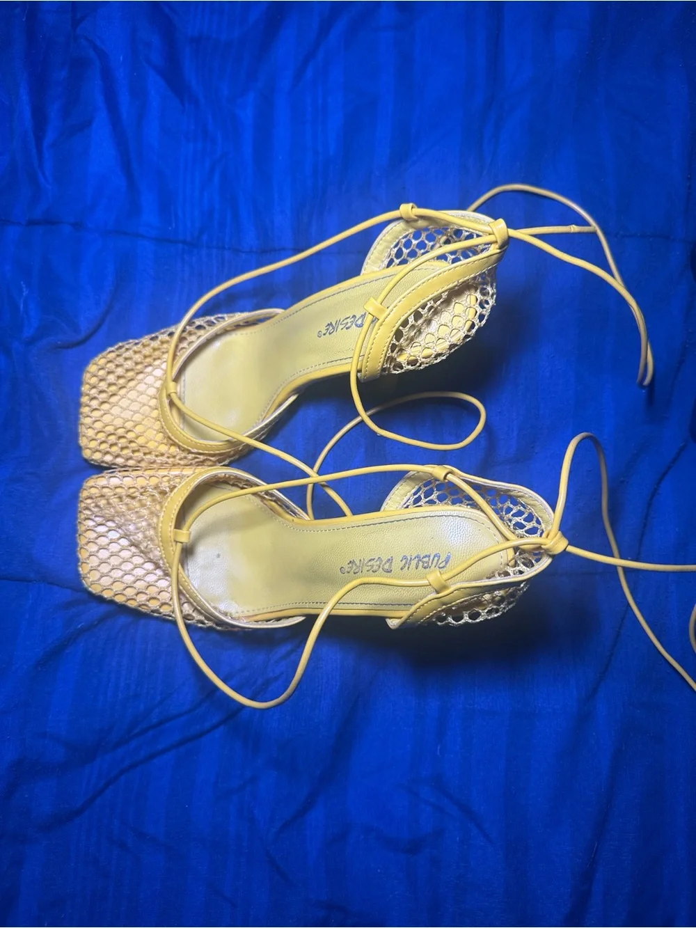 Public Desire Yellow Lace-Up Mesh Heeled Sandals